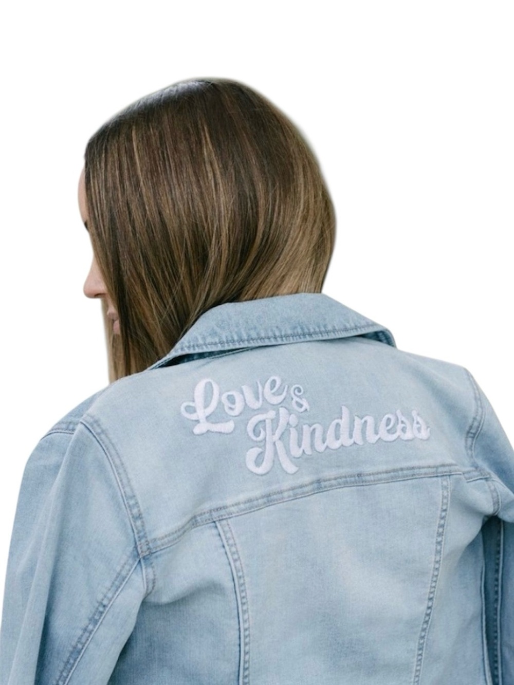 Lauren Conrad Light Wash Denim Jean Jacket "Love & Kindness" Embroidery Large